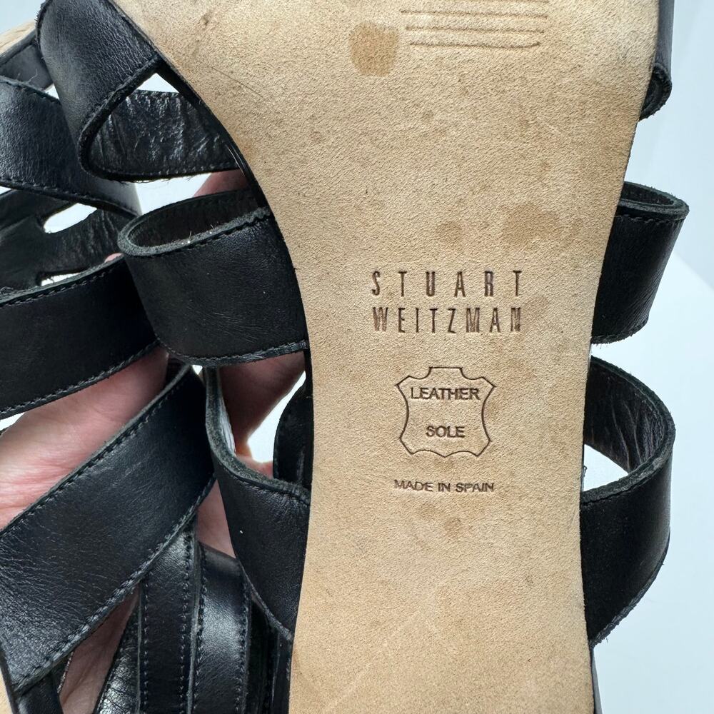 Stuart Weitzman Outing Black Leather Strappy Cage Studded Stiletto Heel Sandal - Picture 11 of 12